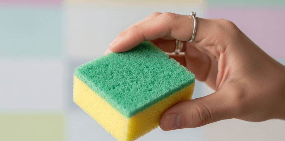 Tangan seseorang memegang spons modern yang bersih